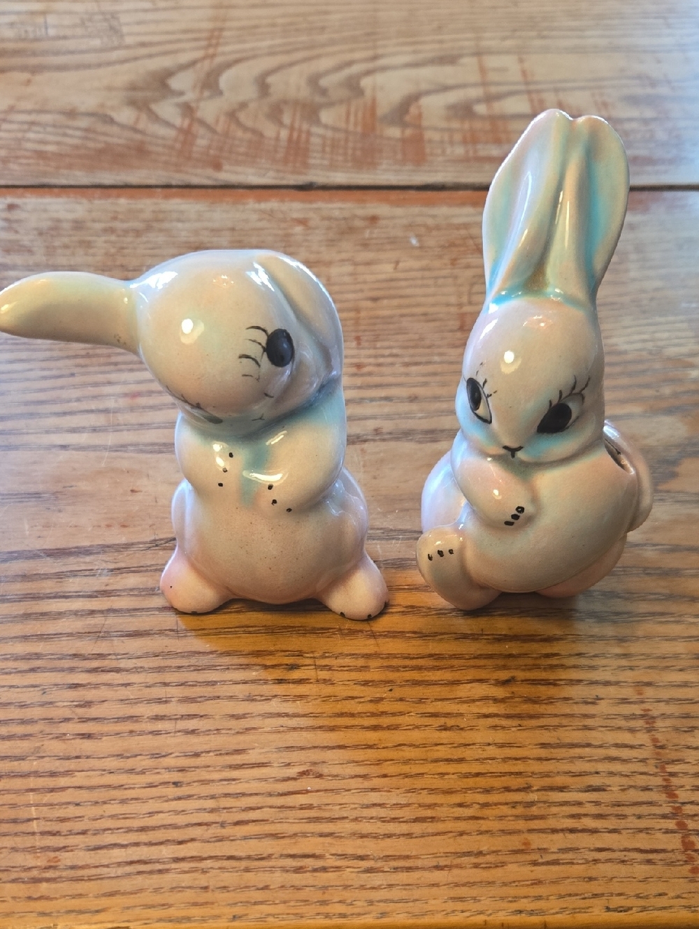Vintage Ceramic Bunny Figurines Mid-Century Pastel Colors Pink & Blue